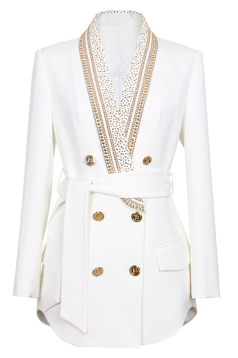 Load image into Gallery viewer, White Shawl Lapel Double Breasted Slim Fit Women Blazer with Beading