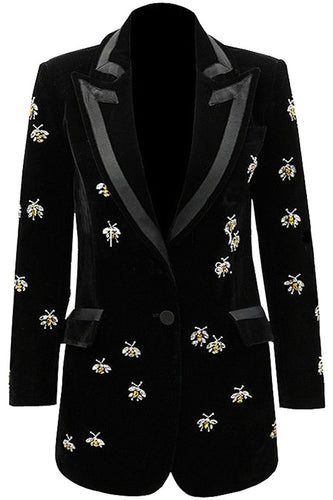 Peak Lapel Black Long Sleeves One Button Women Blazer