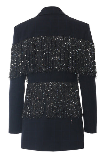 Sparkly Navy Peak Lapel Women Blazer with Fringes