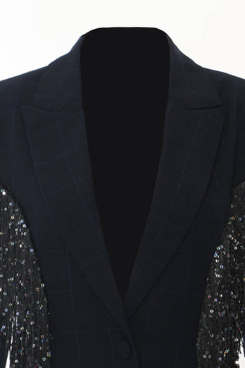 Sparkly Navy Peak Lapel Women Blazer with Fringes