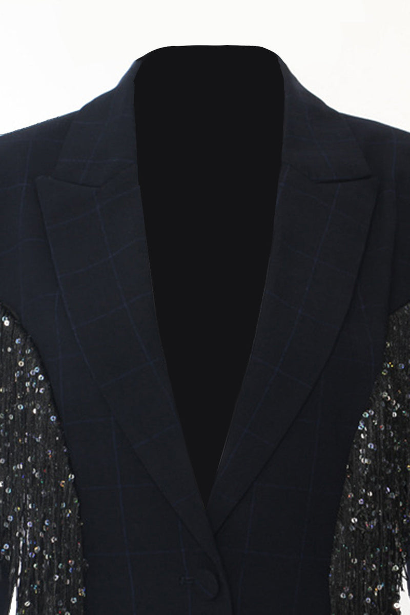 Load image into Gallery viewer, Sparkly Navy Peak Lapel Women Blazer with Fringes