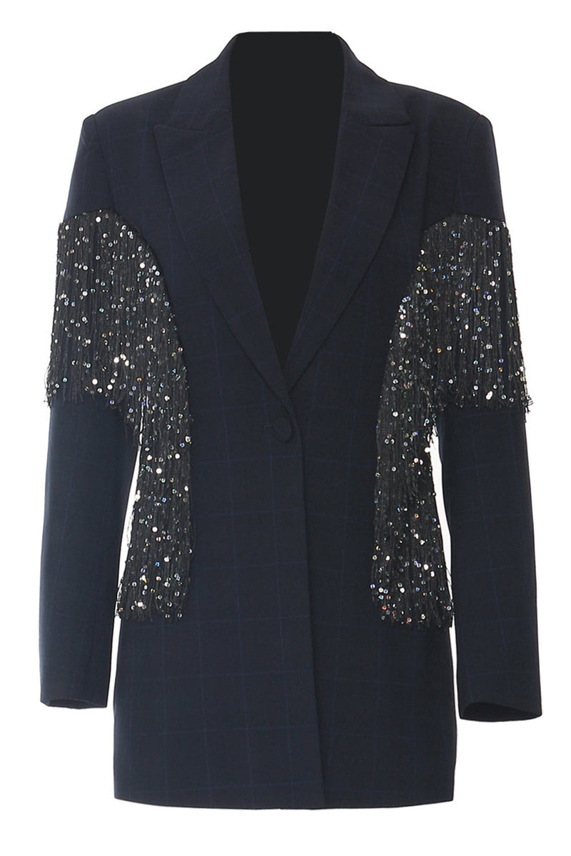 Load image into Gallery viewer, Sparkly Navy Peak Lapel Women Blazer with Fringes