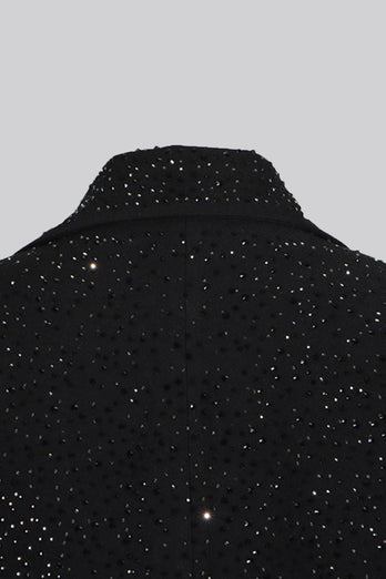 Sparkly Black Notched Lapel Women Blazer with Beading