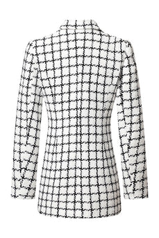 Mix Black Grid Peak Lapel Women Coat with pearl