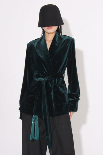 Dark Green Velvet Women Coat with Belt