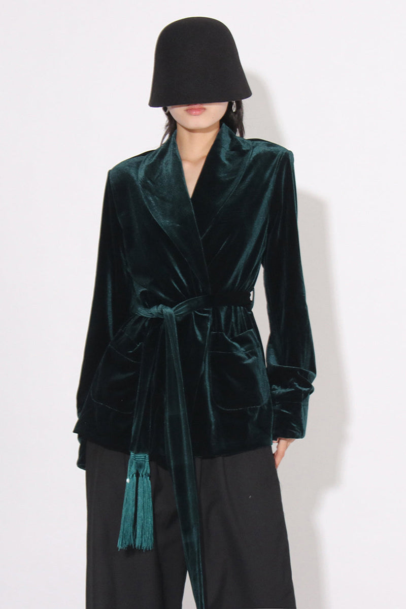 Load image into Gallery viewer, Dark Green Velvet Women Coat with Belt