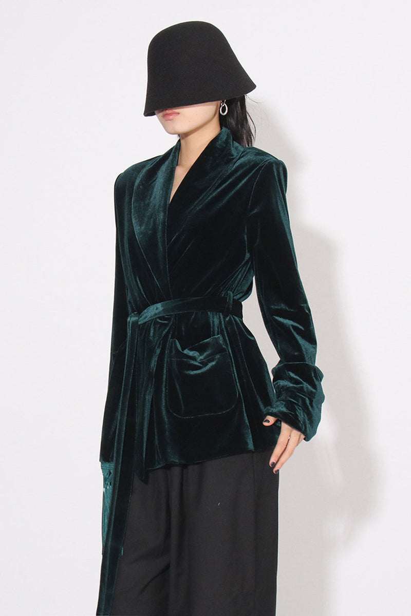 Load image into Gallery viewer, Dark Green Velvet Women Coat with Belt