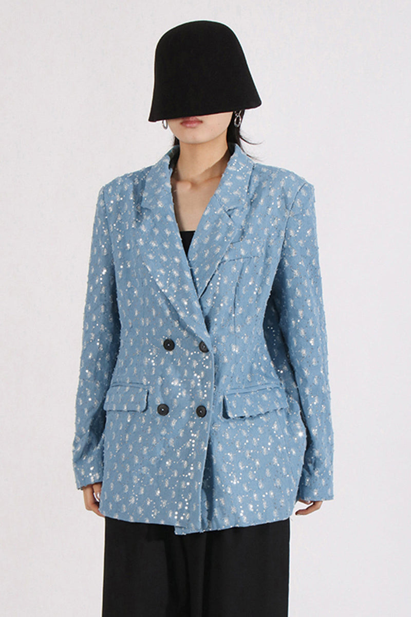 Load image into Gallery viewer, Sparkly Blue Notched Lapel Women Blazer with Sequins