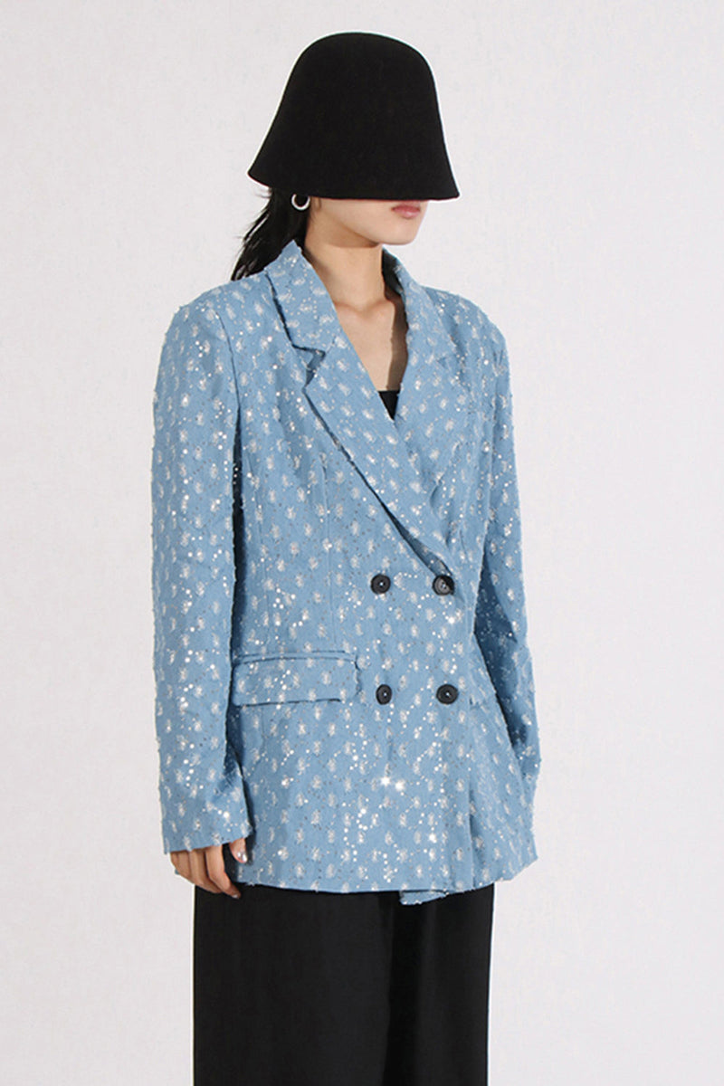 Load image into Gallery viewer, Sparkly Blue Notched Lapel Women Blazer with Sequins