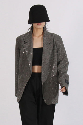 Sparkly Grey Notched Lapel Sequined Women Blazer