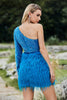 Load image into Gallery viewer, Sparkly Blue One Shoulder Sleeve Sequined Feather Graduation Dress