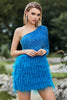 Load image into Gallery viewer, Sparkly Blue One Shoulder Sleeve Sequined Feather Graduation Dress