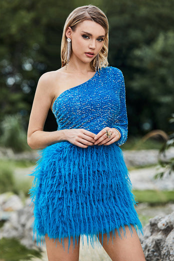 Sparkly Blue One Shoulder Sleeve Sequined Feather Graduation Dress