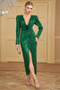 Load image into Gallery viewer, Green Sequined Front Slit Pleated V Neck Long Prom Dress with Sleeves