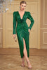 Load image into Gallery viewer, Green Sequined Front Slit Pleated V Neck Long Prom Dress with Sleeves