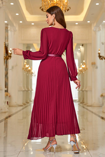 Burgundy A Line V Neck Pleated Appliques Belted Prom Dress with Long Sleeves