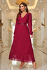 Load image into Gallery viewer, Burgundy A Line V Neck Pleated Appliques Belted Prom Dress with Long Sleeves