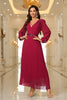 Load image into Gallery viewer, Burgundy A Line V Neck Pleated Appliques Belted Prom Dress with Long Sleeves