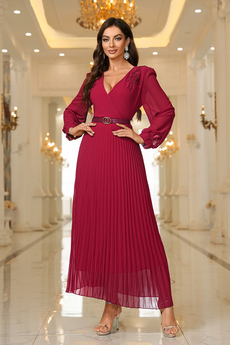 Load image into Gallery viewer, Burgundy A Line V Neck Pleated Appliques Belted Prom Dress with Long Sleeves