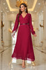 Load image into Gallery viewer, Burgundy A Line V Neck Pleated Appliques Belted Prom Dress with Long Sleeves