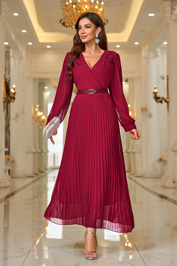 Burgundy A Line V Neck Pleated Appliques Belted Prom Dress with Long Sleeves