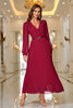 Load image into Gallery viewer, Burgundy A Line V Neck Pleated Appliques Belted Prom Dress with Long Sleeves