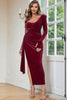 Load image into Gallery viewer, Burgundy Velvet Corset Slit Prom Dress with Sleeves