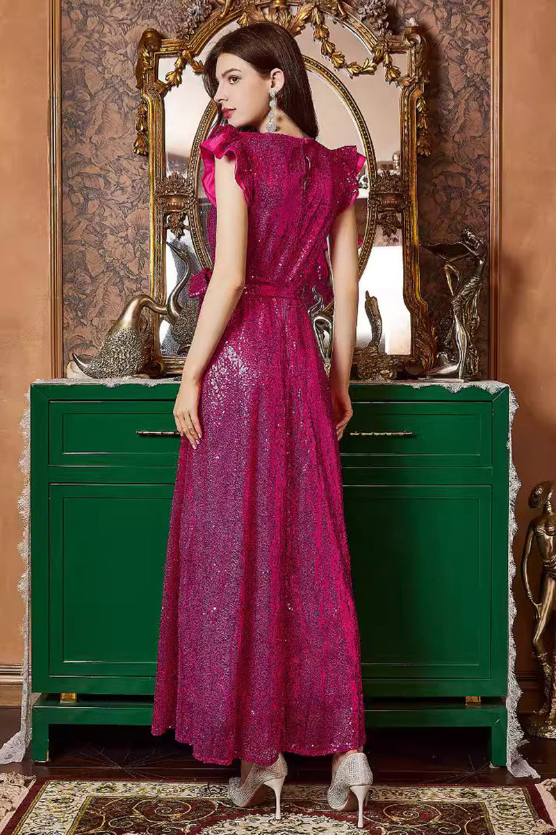 Load image into Gallery viewer, Fuchsia Ruffle Sleeves Long Prom Dress