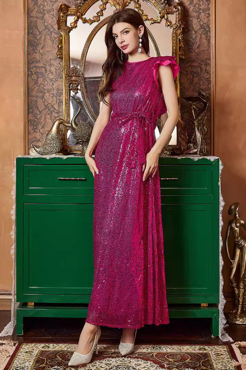 Load image into Gallery viewer, Fuchsia Ruffle Sleeves Long Prom Dress