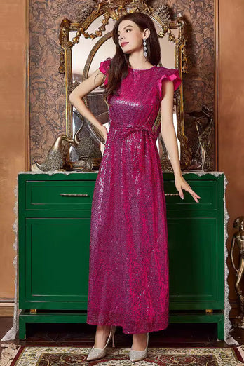 Fuchsia Ruffle Sleeves Long Prom Dress