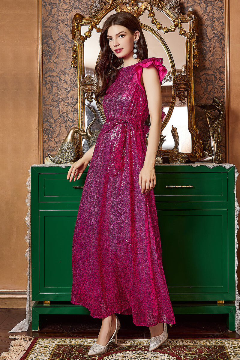 Load image into Gallery viewer, Fuchsia Ruffle Sleeves Long Prom Dress