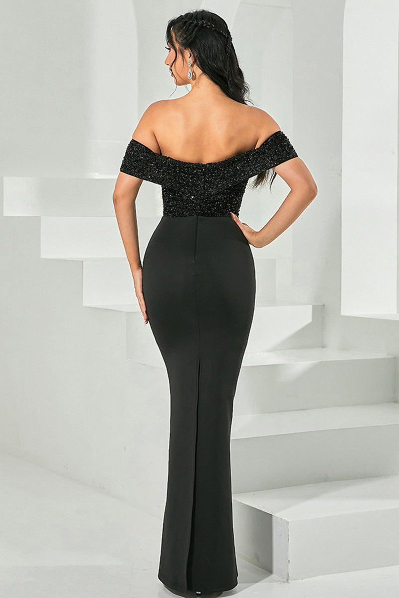 Load image into Gallery viewer, Black Beaded Off the Shoulder Bodycon Long Prom Dress