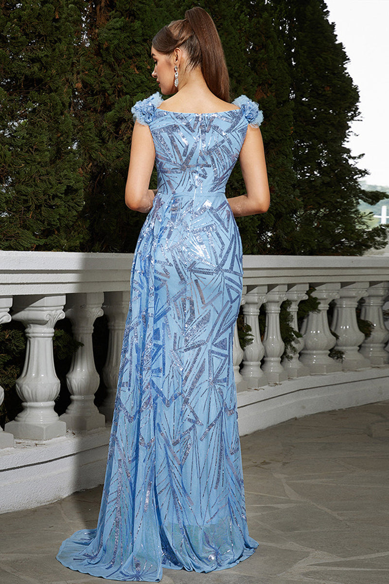 Load image into Gallery viewer, Sparkly Blue Sequined Mermaid Long Prom Dress