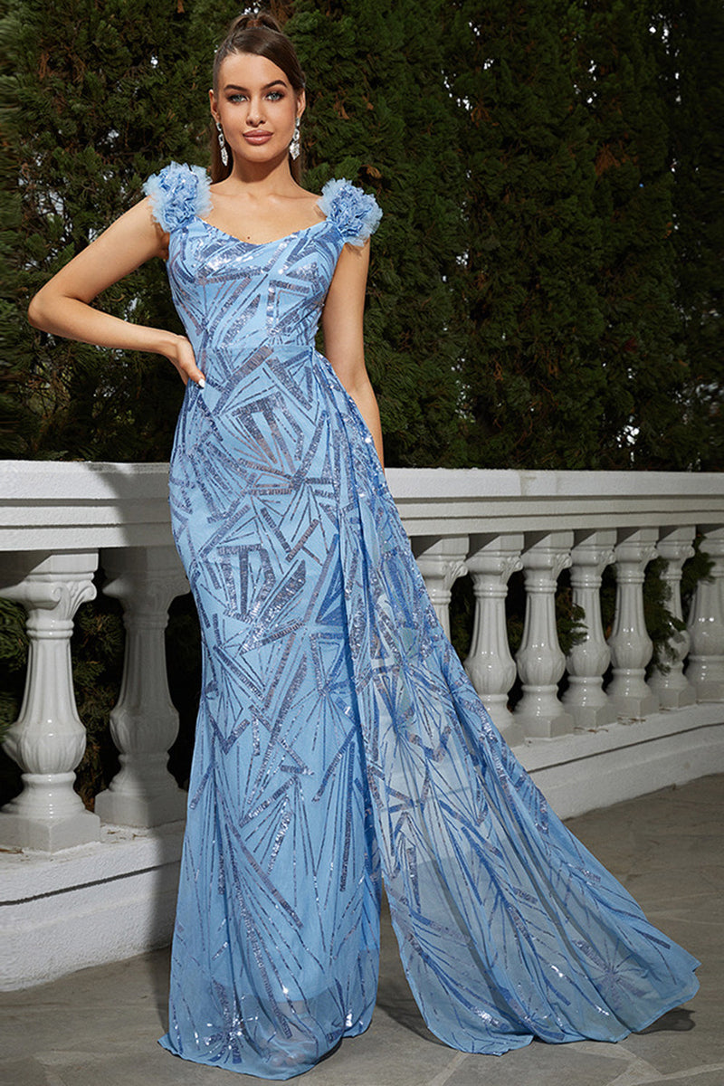 Load image into Gallery viewer, Sparkly Blue Sequined Mermaid Long Prom Dress