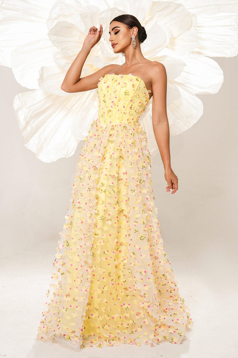 Load image into Gallery viewer, Yellow Floral Strapless Corset Long Prom Dress