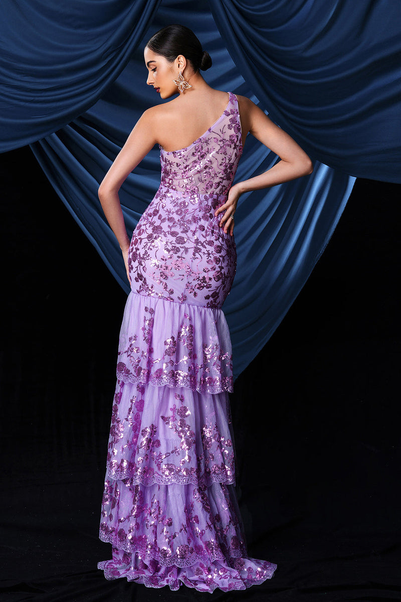 Load image into Gallery viewer, Sparkly Purple One Shoulder Long Prom Dress With Slit