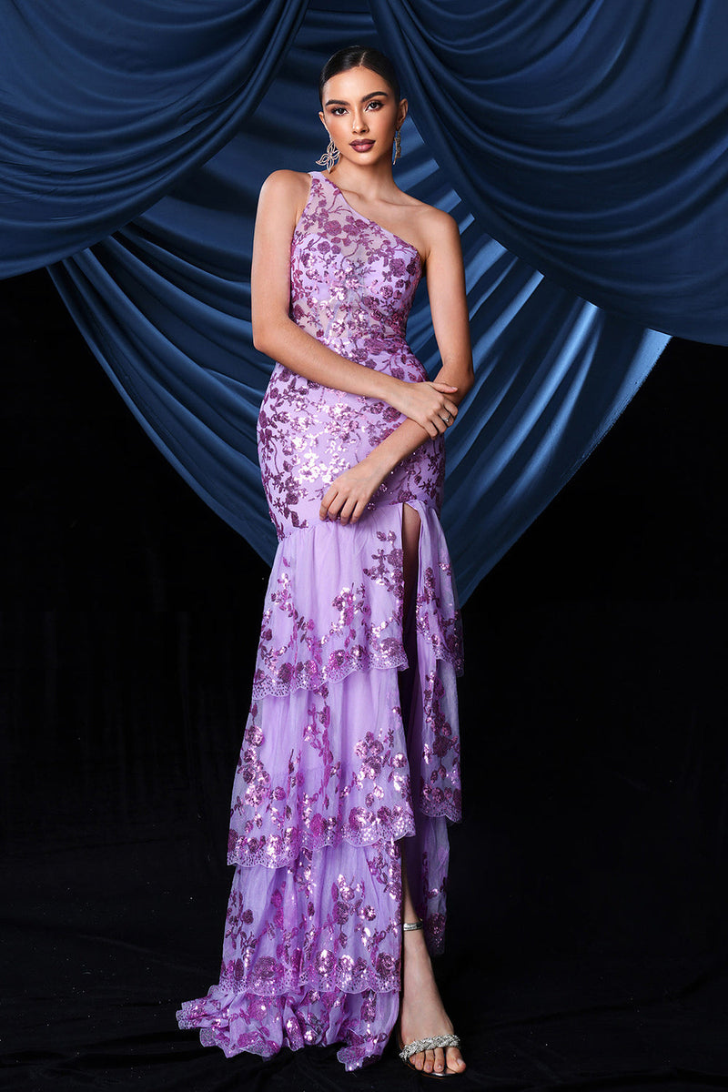 Load image into Gallery viewer, Sparkly Purple One Shoulder Long Prom Dress With Slit