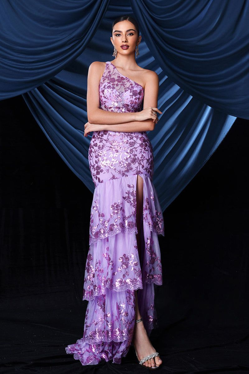 Load image into Gallery viewer, Sparkly Purple One Shoulder Long Prom Dress With Slit