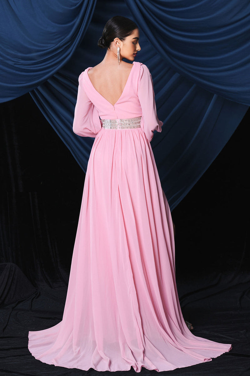 Load image into Gallery viewer, Pink Chiffon Long Sleeves Prom Dress With Slit