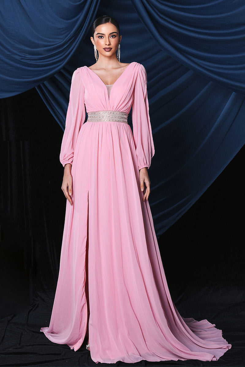 Load image into Gallery viewer, Pink Chiffon Long Sleeves Prom Dress With Slit