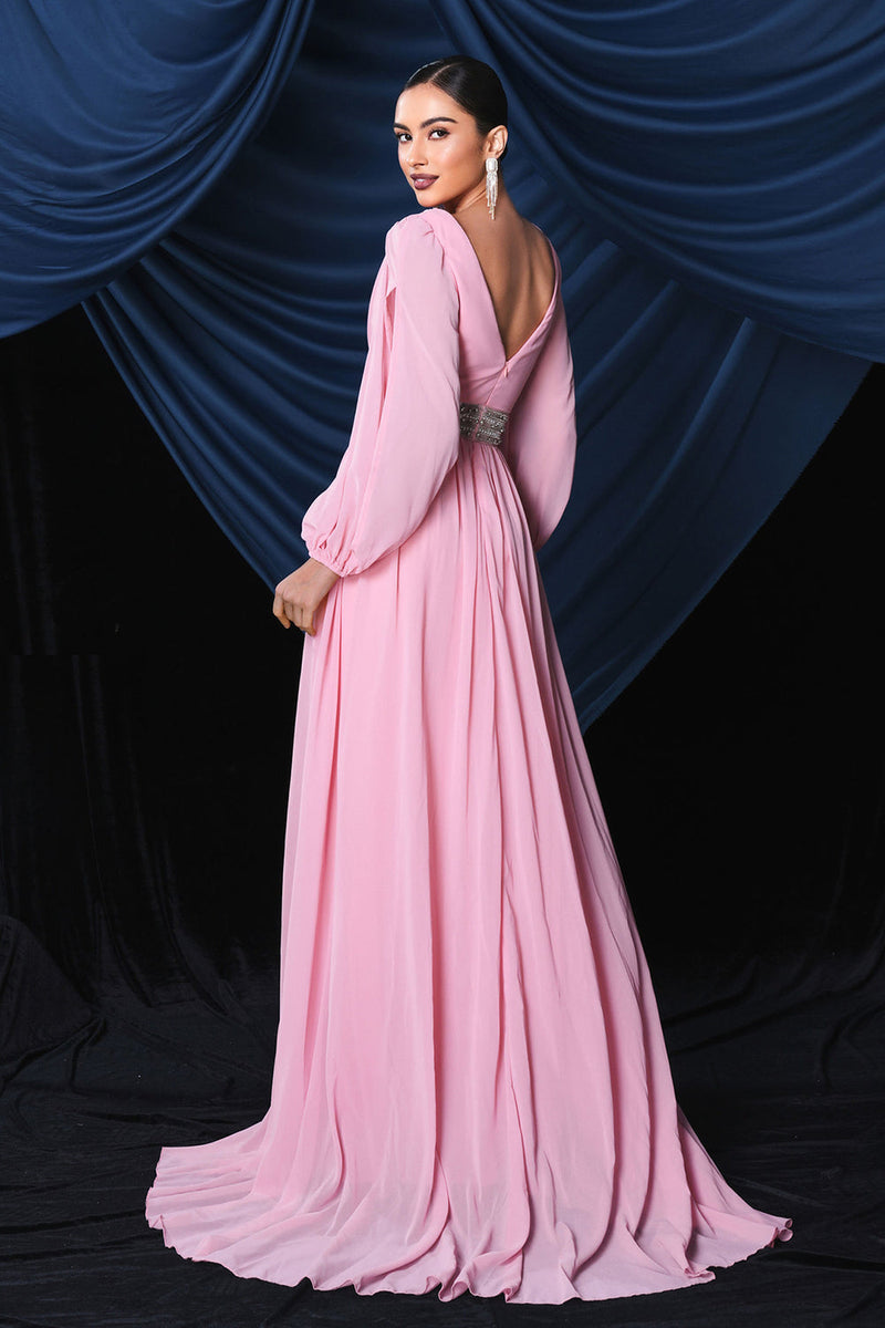 Load image into Gallery viewer, Pink Chiffon Long Sleeves Prom Dress With Slit