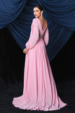 Pink Chiffon Long Sleeves Prom Dress With Slit