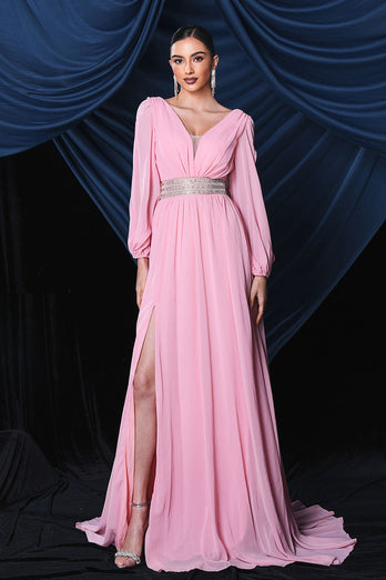 Pink Chiffon Long Sleeves Prom Dress With Slit