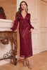 Load image into Gallery viewer, Sparkly Burgundy V-Neck Prom Dress With Long Sleeves