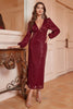 Load image into Gallery viewer, Sparkly Burgundy V-Neck Prom Dress With Long Sleeves