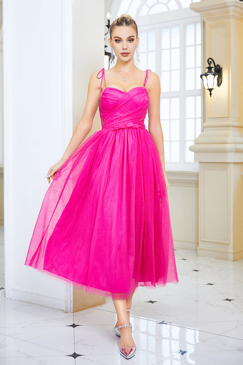 Load image into Gallery viewer, Fuchsia A Line Spaghetti Straps Prom Dress with Bow