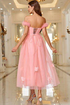 Pink A Line Off The Shoulder Prom Dress with Lace Up Back