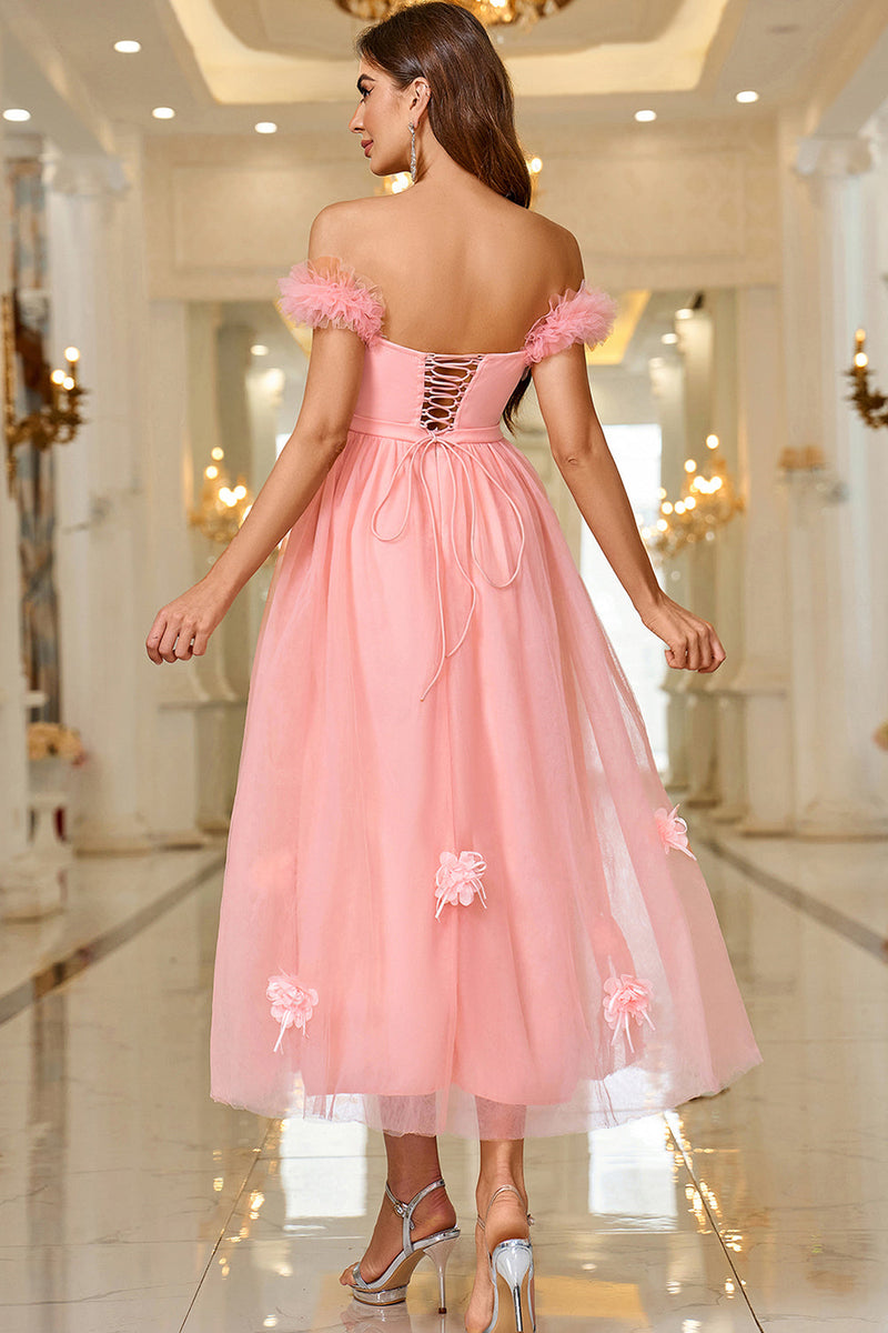 Load image into Gallery viewer, Pink A Line Off The Shoulder Prom Dress with Lace Up Back