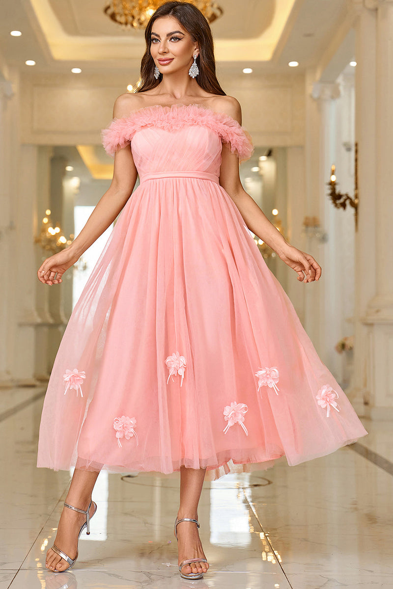 Load image into Gallery viewer, Pink A Line Off The Shoulder Prom Dress with Lace Up Back