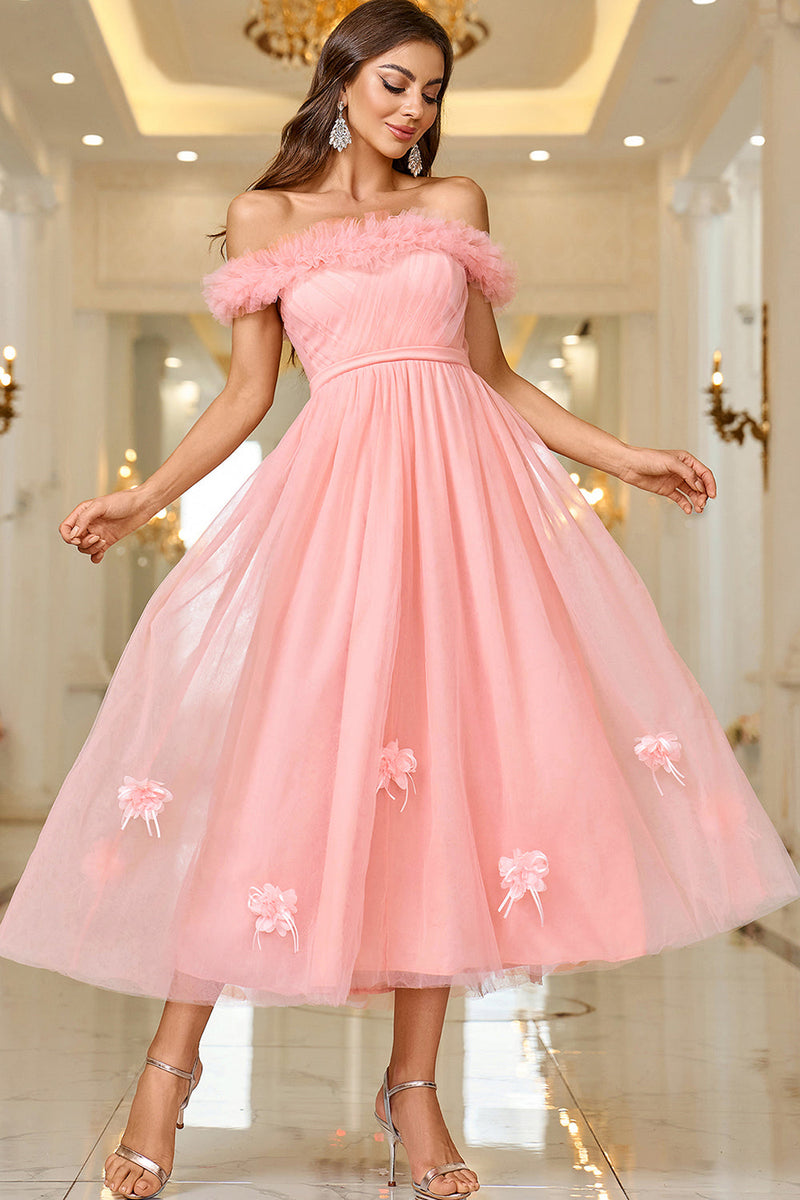 Load image into Gallery viewer, Pink A Line Off The Shoulder Prom Dress with Lace Up Back